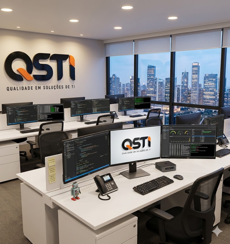 Equipe QSTI trabalhando no escritório